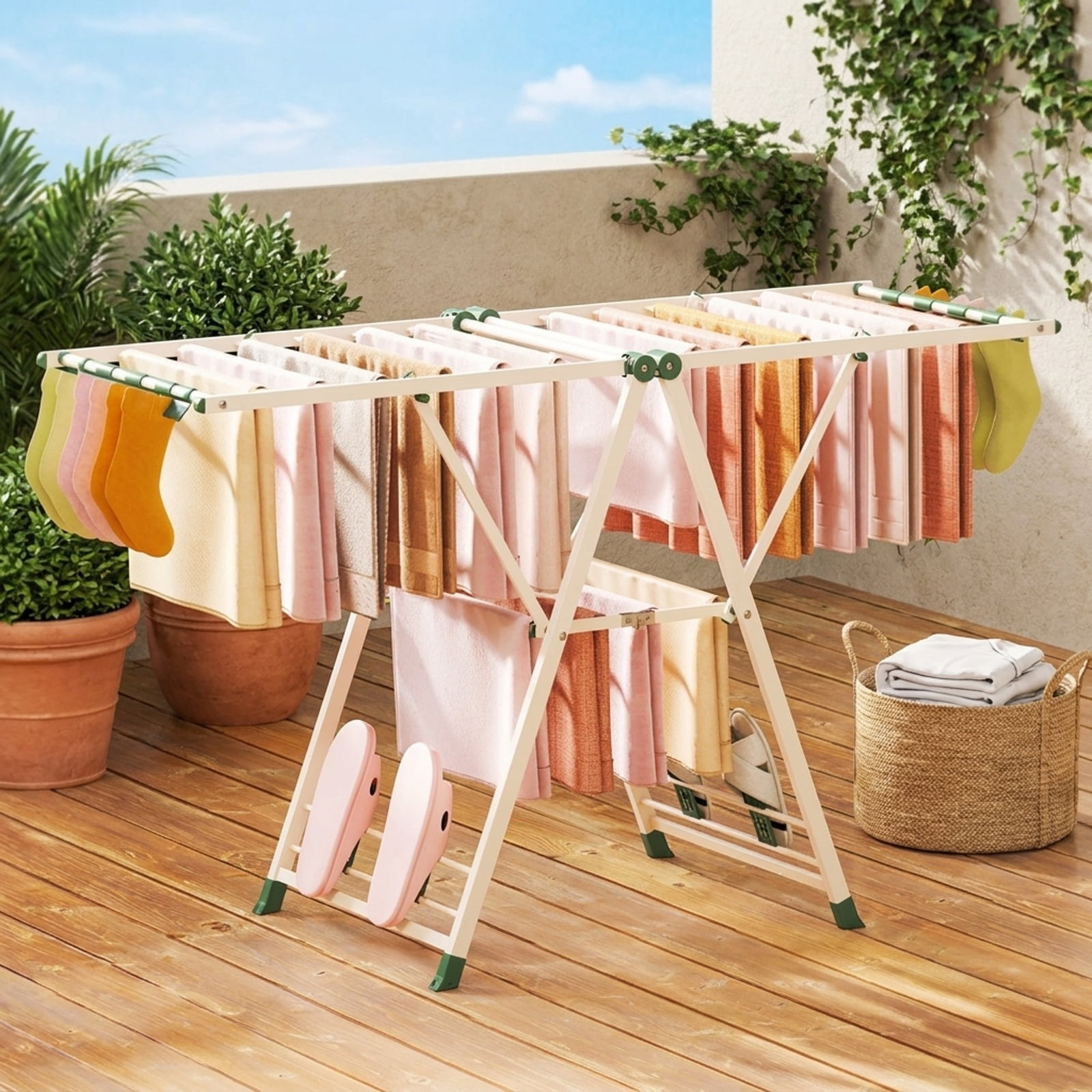 Vebreda Foldable Clothes Drying Rack, 64 Inches Clothes Drying Rack with Height Adjustable Wings, Spacious 2-Tier Drying Space