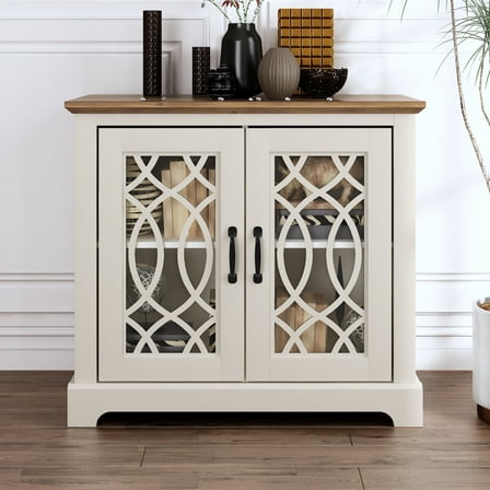 STYLIVIA Raccon 2 Door Accent Cabinet, Ivory with Knotty Oak