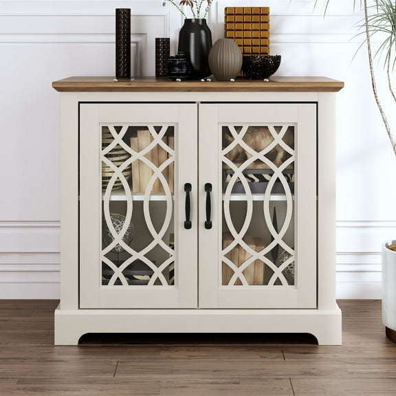 STYLIVIA Raccon 2 Door Accent Cabinet, Ivory with Knotty Oak