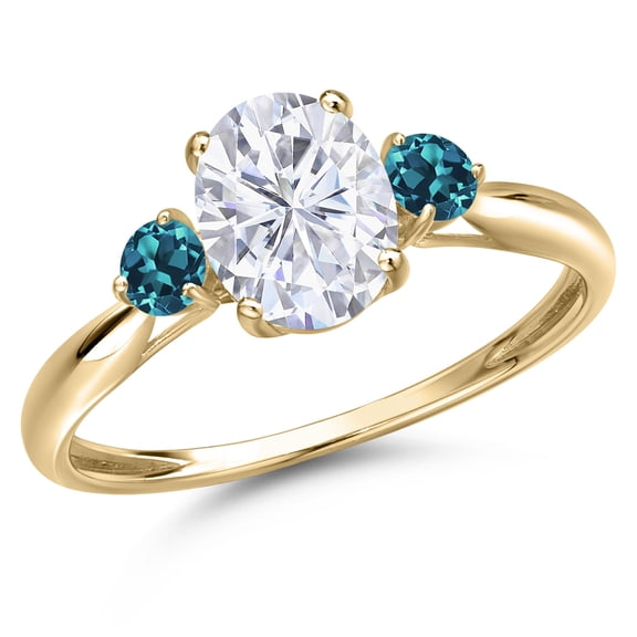 Gem Stone King 10K Yellow Gold White Moissanite and London Blue Topaz 3-Stone Ring for Women | 1.76 Cttw | Oval 8X6MM | Gemstone Birthstone | Size 9