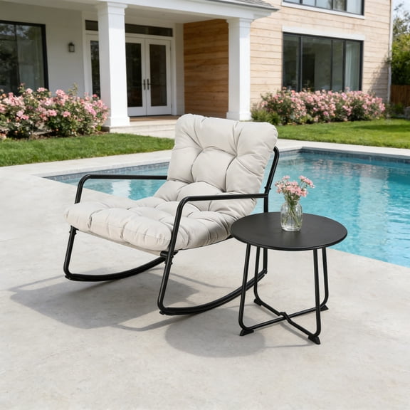 2-Piece Metal Comfy Modern Patio Rocking Chair Set with Side Table, Off-white