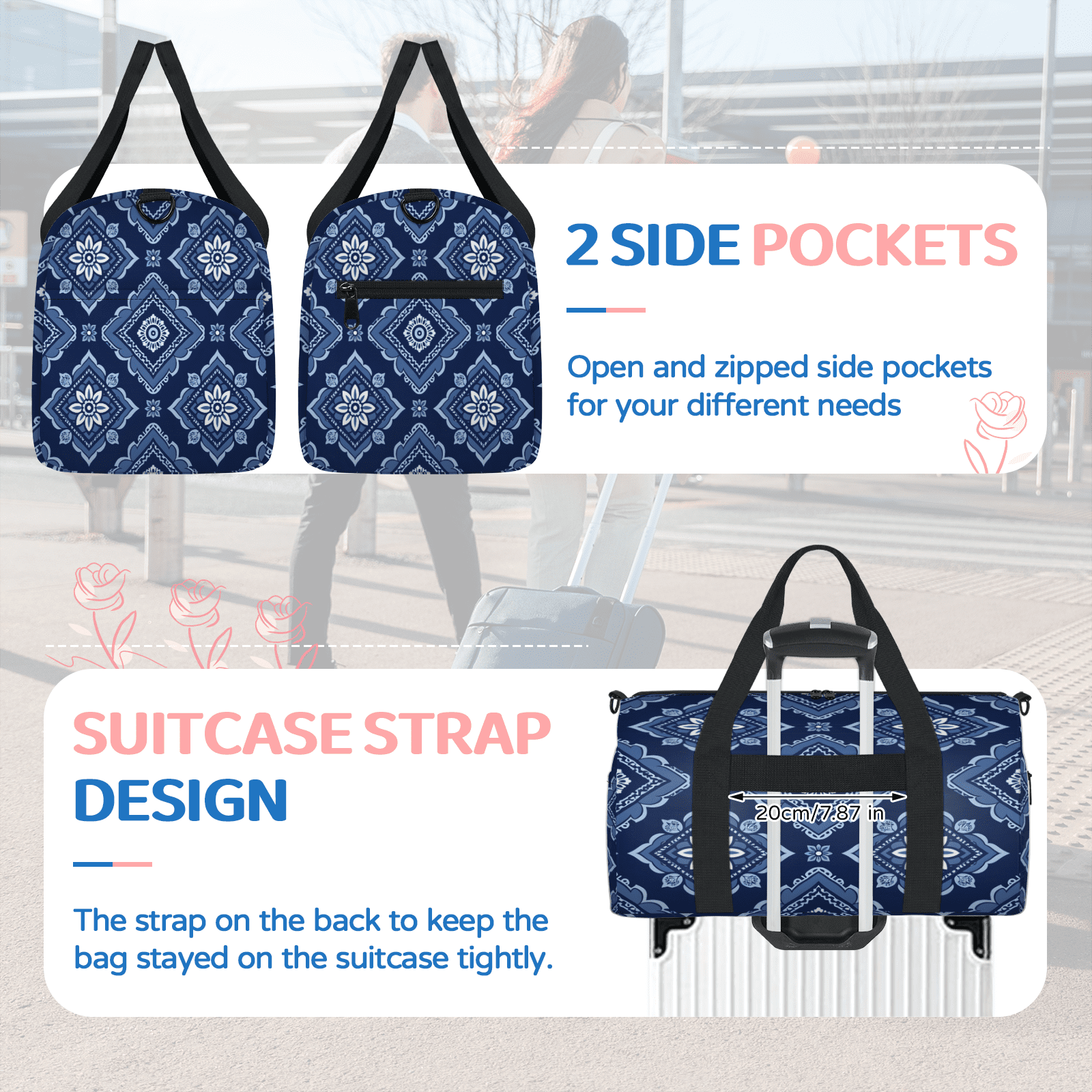 Herdesigns Modern Floral Geometric Travel Duffle Bag Sports Yoga Weekender Overnight Carry on Workout Bags Lightweight Waterproof Gym Tote Bag for Women Vintage