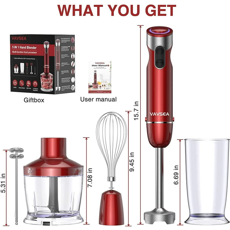 5-in-1 Handheld Immersion Blender With 12 Speeds - Includes Beaker