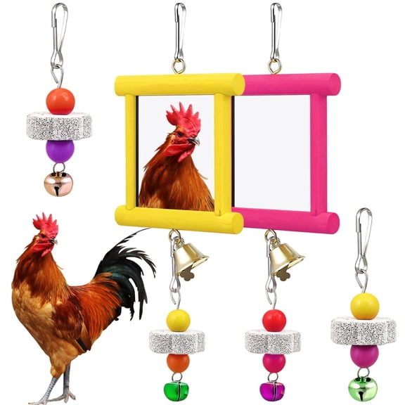 4Pcs Colorful Acrylic Mirror Chicken Toy Set for Coop, Wooden Frame, Hanging Bells, Beads, and Beak Grinding Stone, Fun Interactive Toys for Chickens