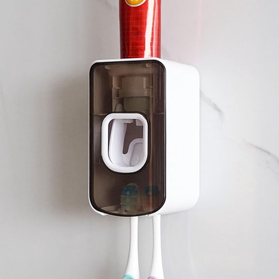 2 Slot Toothbrush Holder with Toothpaste Dispenser Wall Mounted, Automatic Toothpaste Squeezer for Bathroom Shower RV, Grey