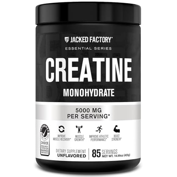 Jacked Factory Creatine Monohydrate Powder 425g - Creatine Supplement for Muscle Growth, Increased Strength, Enhanced Energy Output and Improved Athletic Performance 85 Servings, Unflavored