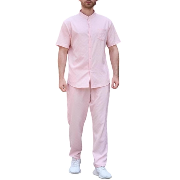 Jessboyy 2 Piece Beach Outfits for Men Casual Stand Collar Shirts and Pants Sets Vacation Travel Going Out Set for Men Spring Summer Outfit Pink,XXXL