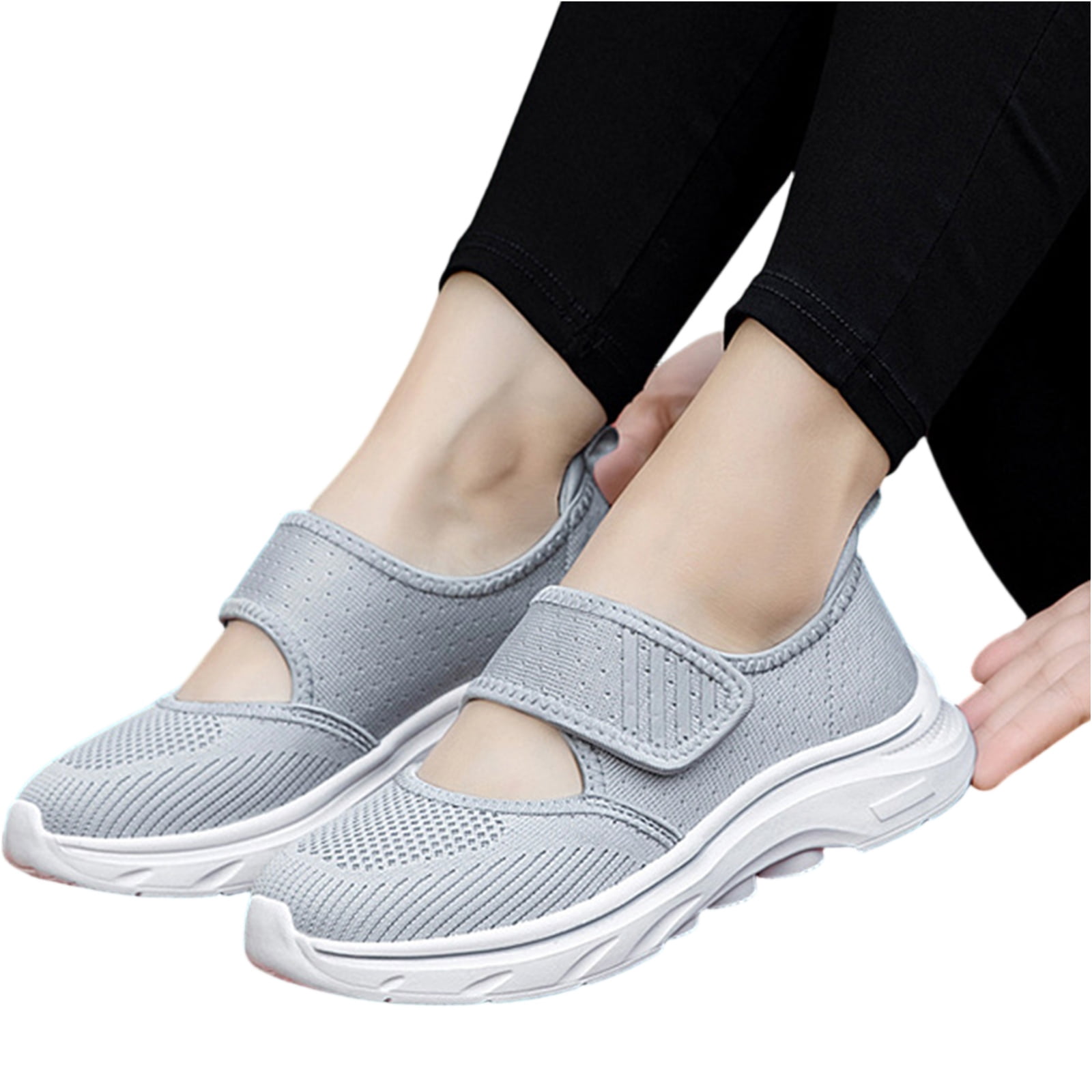 NexTorq Woman Sneakers, Women's Mesh Adjustable Nurse Shoes Comfortable Hollow Breathable Working Orthotic Wedges Mary Jane Lightweight Out Granny Non-Slip Walking Shoe Light Gray 8