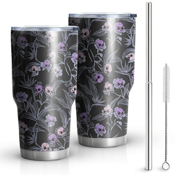 30oz Skull Flower Halloween Pattern Tumblers Stainless Steel Tumbler with Lid and Straw,Vacuum Insulated Double Wall Travel Tumbler Cups Mug with Cleaning Brush for Coffee,Tea