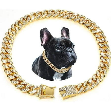Hgudesign Dog Chain Collar Diamond Cuban Link Dog Collar 1m Wide Metal Puppy Necklace Cute Fashion Jewelry Accessories for Small Medium Large Pets s (Gold  10 Inches)