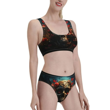 Uemuo Artistic Flower Butterfly Skull Printed Women s High Waisted Bikini Sets Sporty Two Piece Swimsuits Color Block Cheeky High Cut Bathing Suits-X-Large