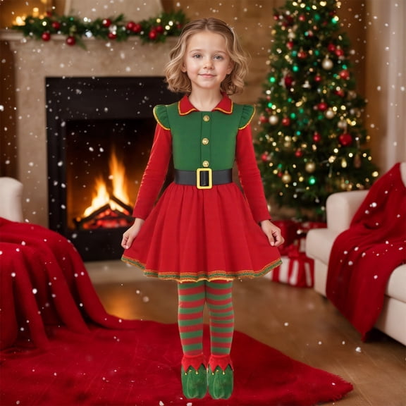 Teen Elf Outfit for Girls Short Sleeve Christmas Elf Dress Girls Hat Set Party Dress Up Christmas Outfit for Kids 10-13 years