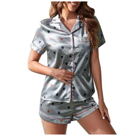 

Odeerbi Button Down Pajamas for Women Sexy Lingerie Satin Printed Attractive Babydoll Underwear Short Sleeve Shirts Tops Sleepwear Briefs Suit Gray