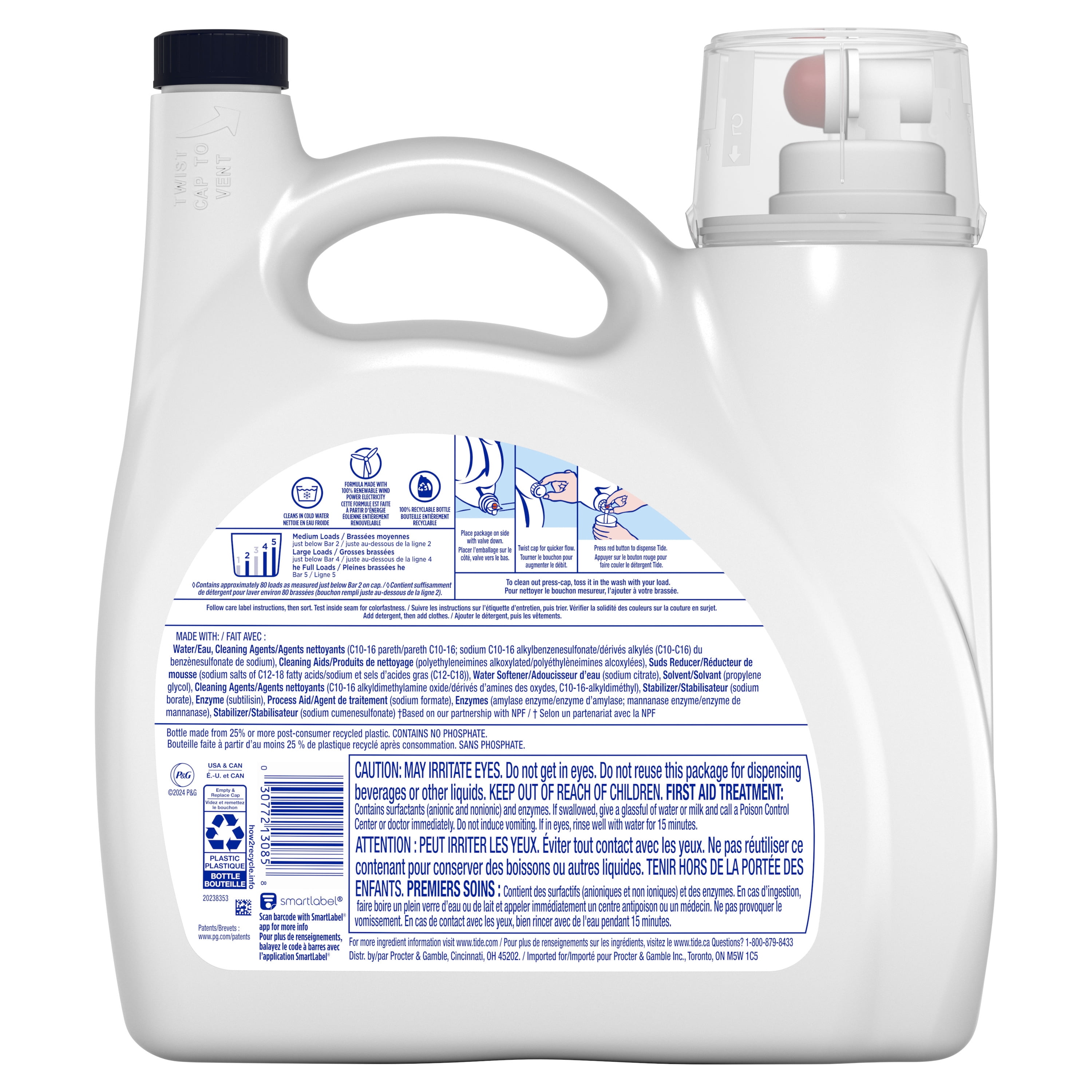 Tide Hygienic Clean Heavy Duty 10x Free Liquid Laundry Detergent, Unscented, 80 Loads, 115 oz, HE Compatible