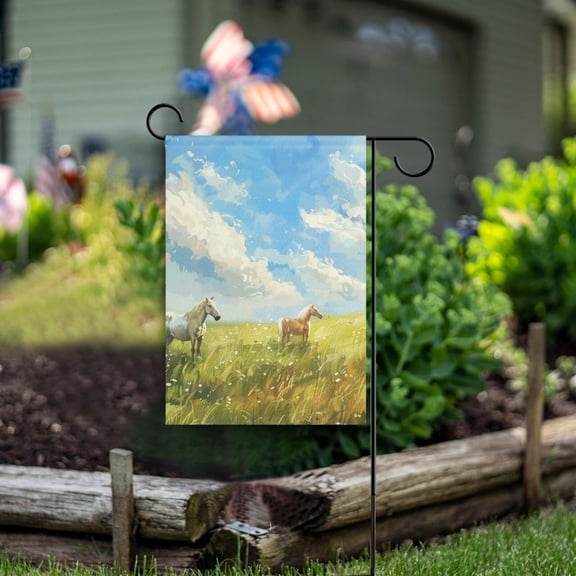 Horses in Grassland Garden Flag Double Sided Outdoor Banners for Courtyard Outdoor Lawn Farmhouse Holiday Decorations