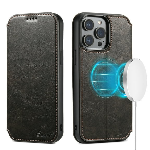 ELEHOLD for iPhone 13 Pro Max 6.7" Wallet Case Premium Leather with Card Slots Kickstand Function Magnetic Absorption Compatible with MagSafe Charging Shockproof Protective Case,Black