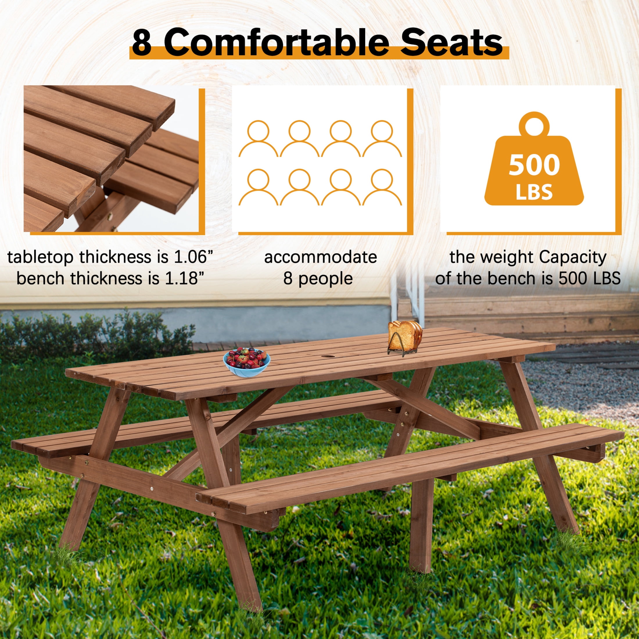 Noble House Jocasta 8-Seat Rectangular Outdoor Picnic Set, Patio Wooden Dining Table with Built-in Benches, Brown