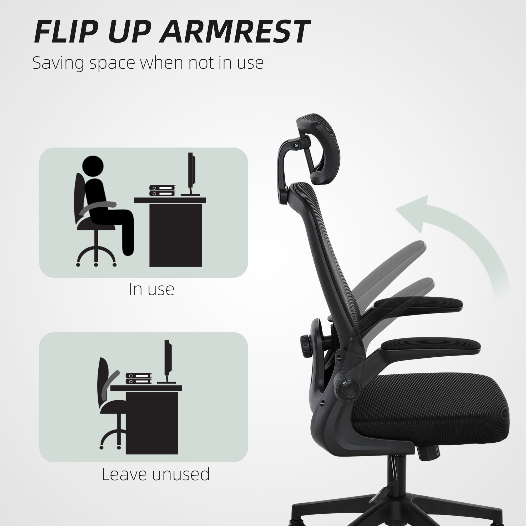HOMCOM Ergonomic Office Chair with Flip-up Armrest, Adjustable Headrest and Lumbar Support, Mesh Desk Chair for Home Office, Black