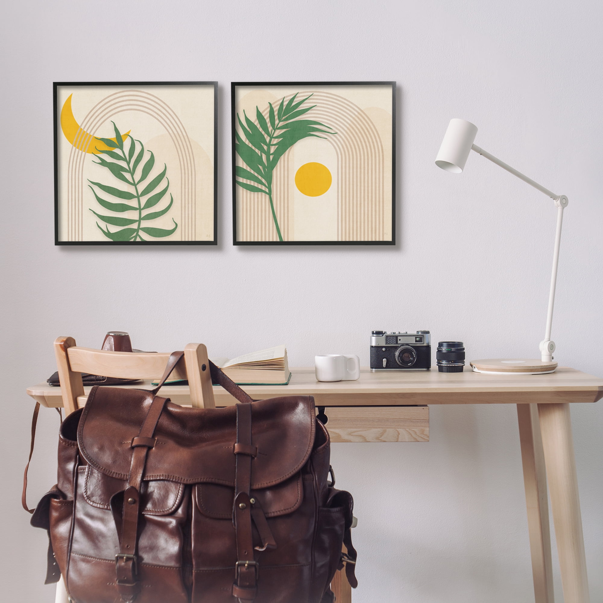 Stupell Industries Modern Fern Moon & Sun Botanical & Floral Painting Black Framed Art Print Wall Art, 17 x 17, Set of 2