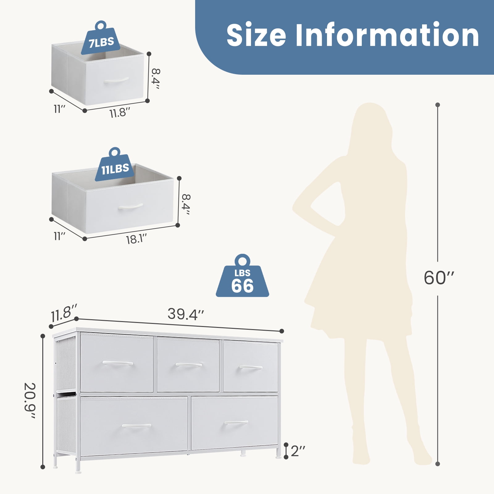 CONCETTA Dresser 5 Fabric Storage Drawer Dresser, TV Stand, Chest of Drawers for Bedroom, Closet, Entryway, Living Room, White