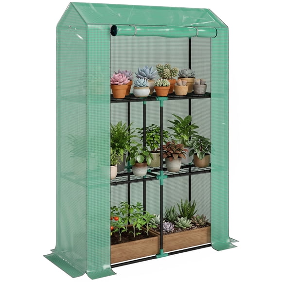 Outsunny Mini Greenhouse with 3 Tier Shelves, Roll-Up Door, Green