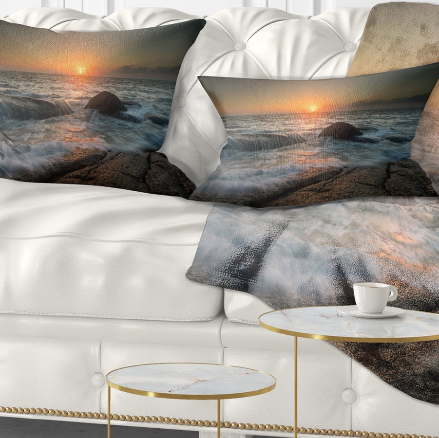 Sofa Throw Pillow 18 x 18 Designart CU13059-18-18 Lashing Sea Waves at Sunset Beach Photo Cushion Cover for Living Room