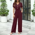 thumbnail image 6 of Xdegoge Womens Short Sleeve Jumpsuit V Neck Button Front High Waist Elastic Wide Leg Pants Casual Puff Sleeves Loose Fit Summer Jumpsuits Plus Size, 6 of 9
