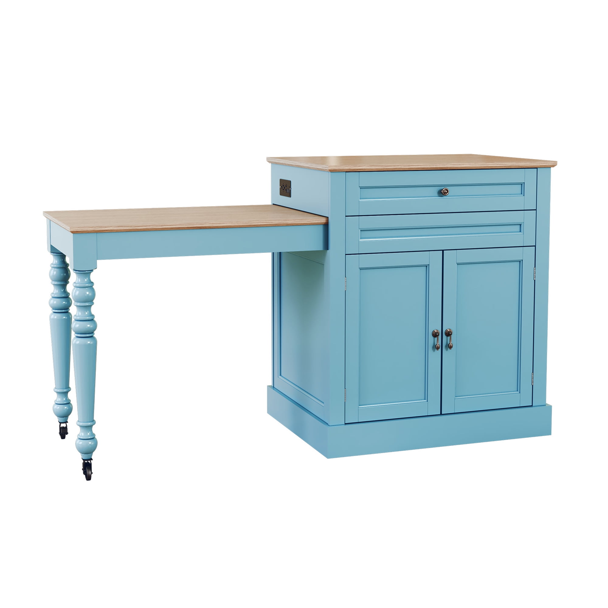 HLR 78.74" Mid-Century Extendable Kitchen Islands on Wheels with Roman column legs, Dining Table Cart with Storage, Blue