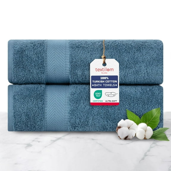 TEXTILOM 100% Turkish Cotton 2 Pcs Bath Towel Set, Luxury Bath Towels for Bathroom, Soft & Absorbent Hotel Quality Bathroom Towels Set (27 x 54 inches)- Mid Blue
