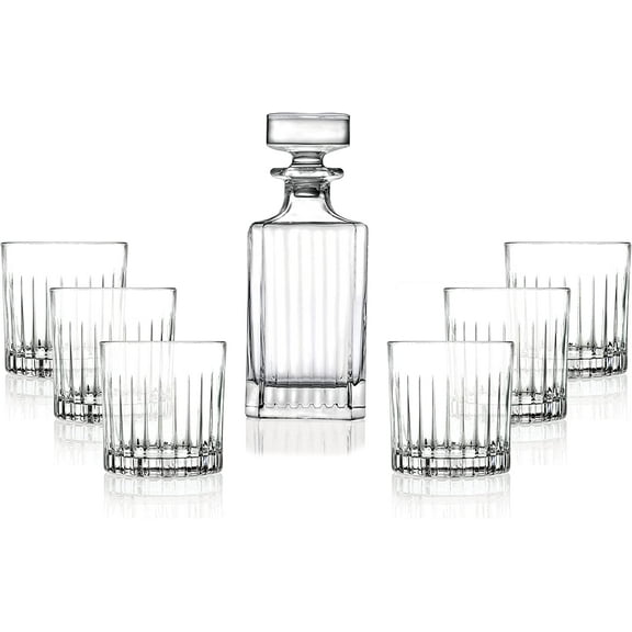 Whiskey Decanter and Tumbler 7 pc Set - Glass - For Whiskey, Liquor, Scotch, Bourbon - 25 oz. Square Decanter with 6-10.5 oz. Double Old Fashioned Tumblers- By Barski - Made in Europe