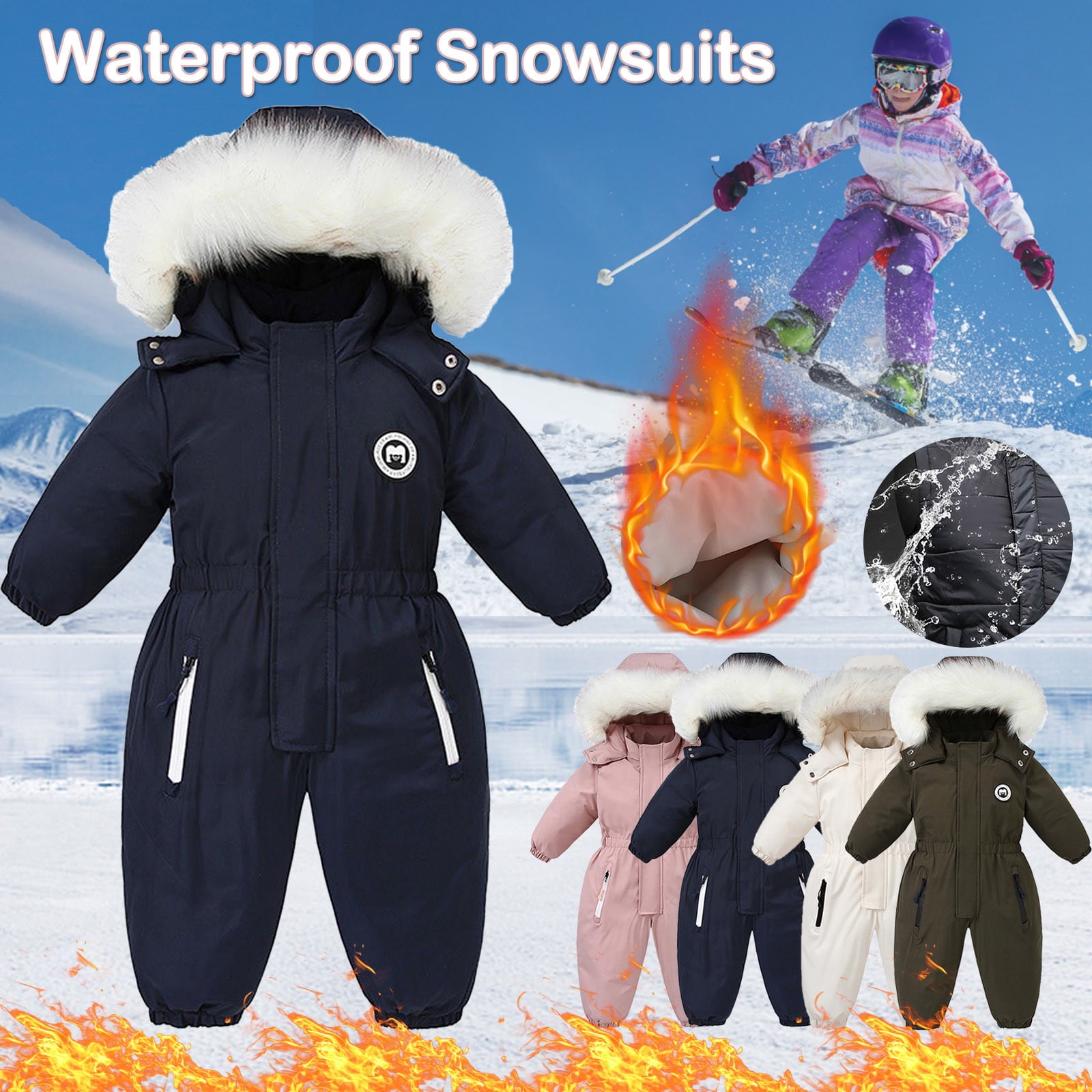 guisaled Baby Snowsuit Toddler One Piece Snow Suits Winter Litter Girls Boys Ski Snowboard Jumpsuits Warm Waterproof Windproof Ski Suits
