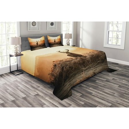 Orange Euro Sham Hunting Bedspread Set, Red Deer in the Morning Sun Wilderness Nature Scenery Countryside Rural Heathers, Decorative Quilted Coverlet Set with Pillow Shams Included, Brown Orange, by Ambesonne ()