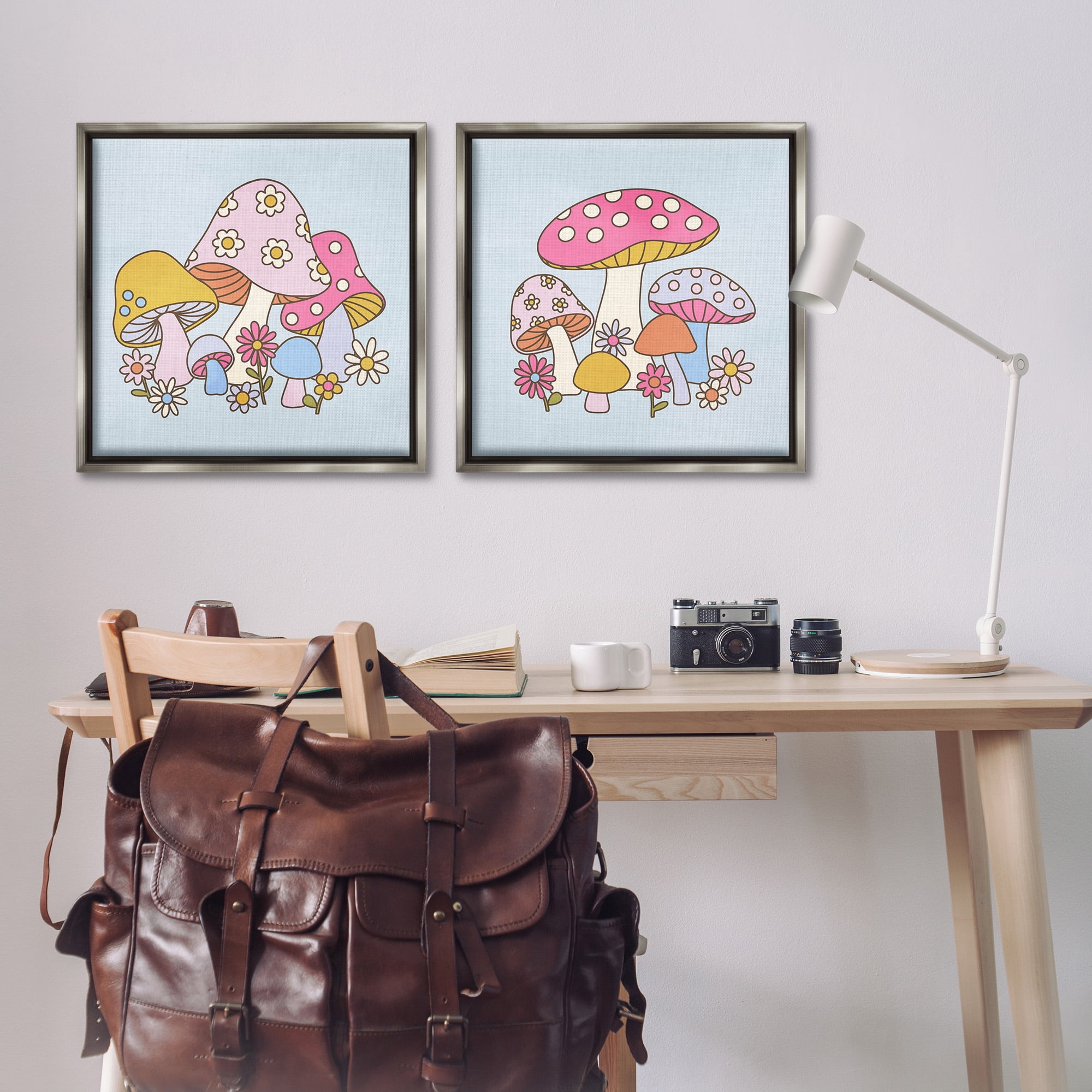 Stupell Industries Groovy Floral Mushrooms Botanical & Floral Painting Gray Floater Framed Canvas Art Print Wall Art, 25 x 25, Set of 2