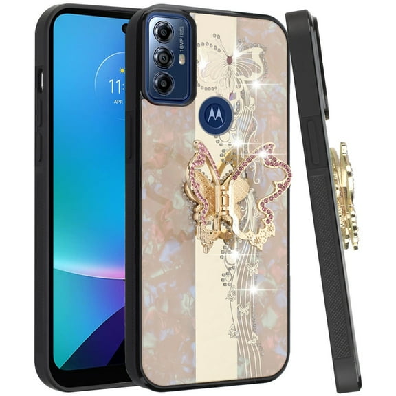 For Motorola Moto G Play 5G 2023 Diamond Bling Sparkly 3D Ornaments Engraving Hybrid with Ring Stand Fashion Cover ,Xpm Phone Case [ Enchanted Butterfly Gold ]