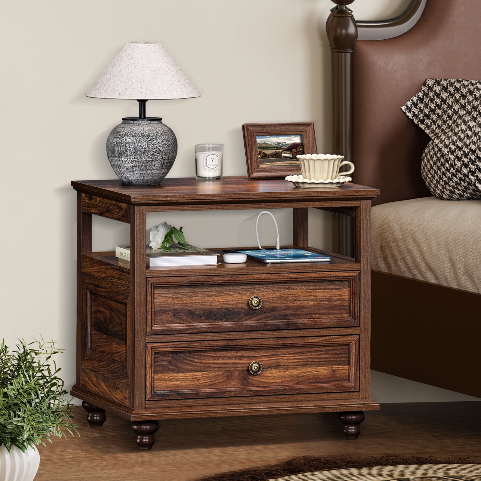 End Table with 2 Drawers for Living Room, Nightstand with Charging Station, Bedside Table with Shelf for Bedroom, Brown