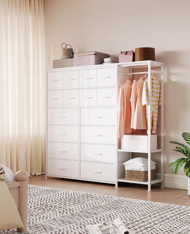 TROPOW Tall Dresser for Bedroom, Fabric Dressers with 16 Drawers & Clothes Rack & 2 Storage Shelves, PU Closet Dresser with Hanging Space, Large Chests of Drawers
