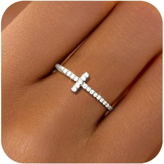 925 Sterling Silver Cross Cubic Zirconia Rings for Women Eternity Purity Promise Ring Thin Thumb Ring Christian Confirmation Baptism Religious Jewelry Christmas Gifts for Mom Daughter