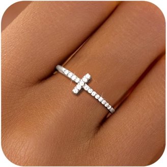 14K Gold Plated Cross Ring For Women 925 Sterling Silver Sideways Diamond Cross Rope Rings To Daughter Mother CZ Twisted Band Eternity Promise Rings