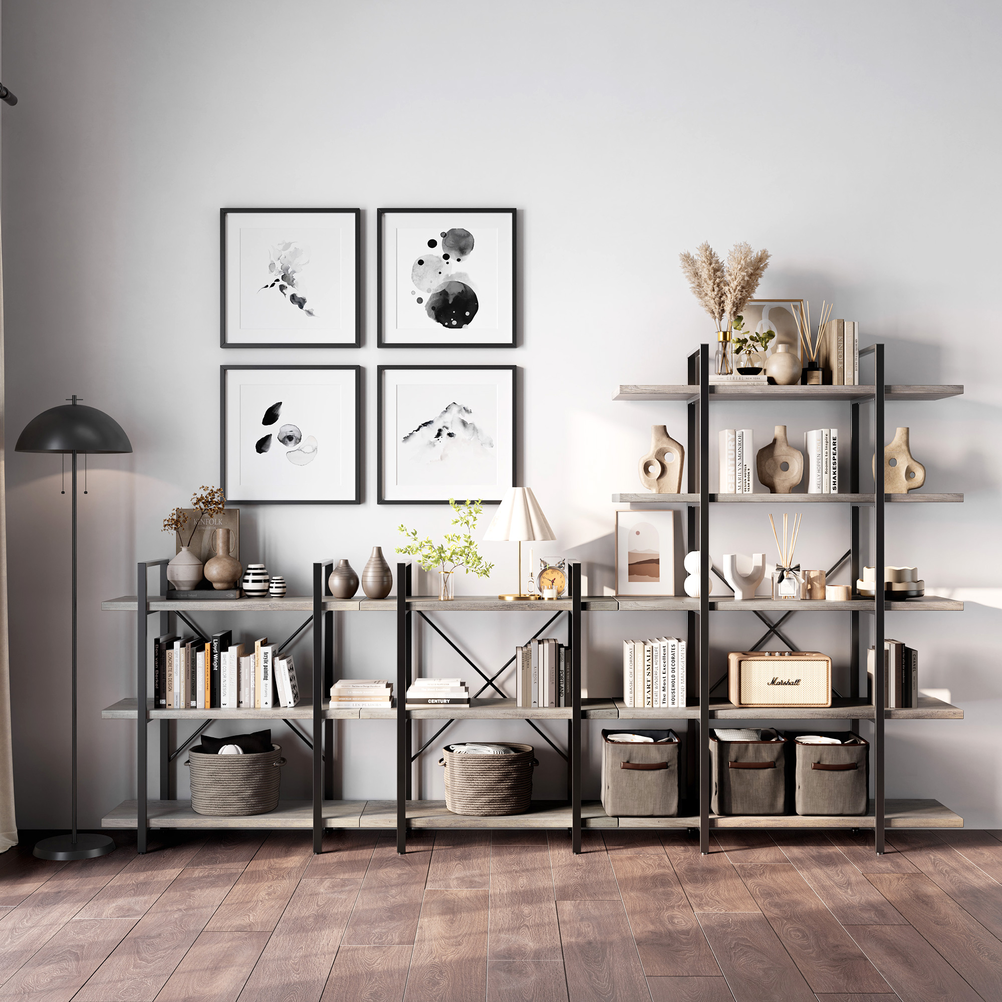 BELLEZE 5 Tier Modern Rustic Industrial Bookshelf - Hazel (Gray Wash)