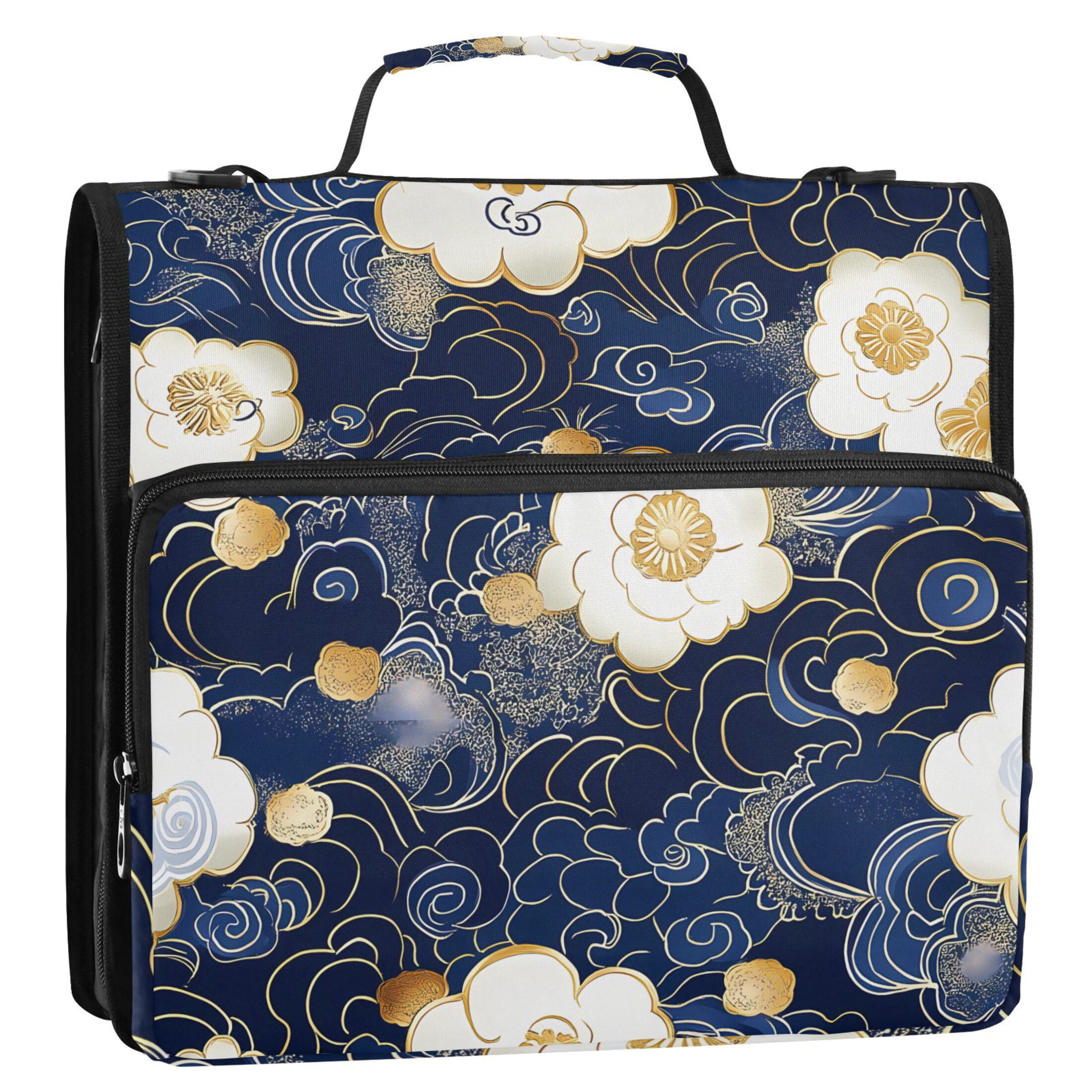 3 Ring Zipper Binder with Shoulder Strap Waterproof Trapper Keeper 2 Inch D-Ring 500 Sheets Capacity Blue Cloud White Flower