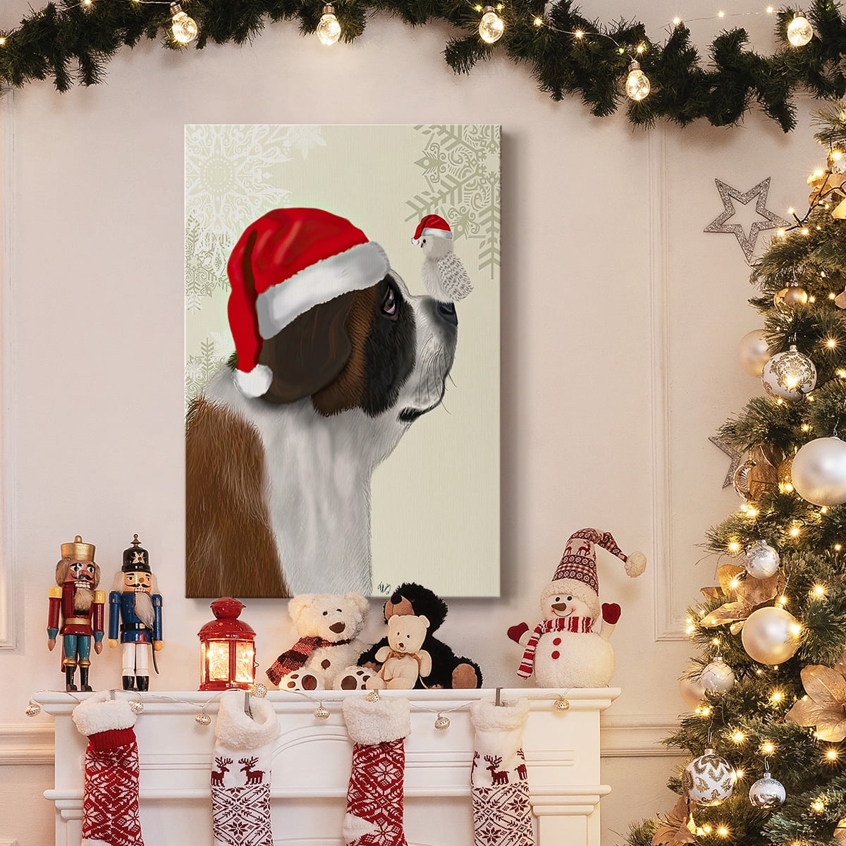 Christmas St Bernard and Fluffy Owl- Gallery Wrapped Canvas