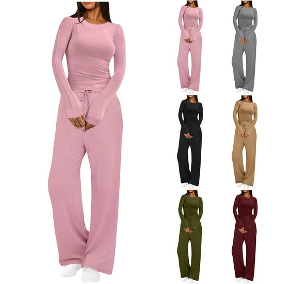 Kmdttou Womens Fashion 2025 New Round Neck Solid Ruched Long Sleeve Blouse  Long Pants Elastic Waist Sets Two Piece Set