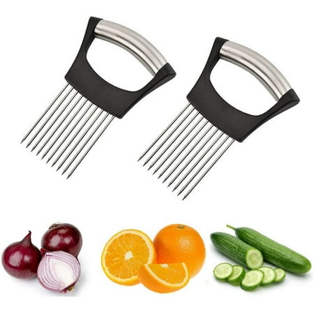 

4 Packs（Buy 3 Get 1 Free） Onion Holder Fork Food Slicer Assistant Powerful Stainless Steel Onion Insert Meat Needles with 10 Prongs Vegetable Fruit Tomato Cutter Helper