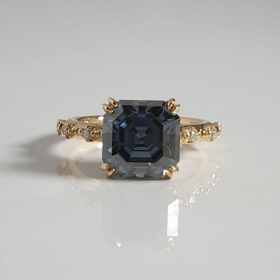 Elite Gems and Jewellery 2.5 Carat Blue Gray Asscher Moissanite Engagement Ring, 18K Gold Plated