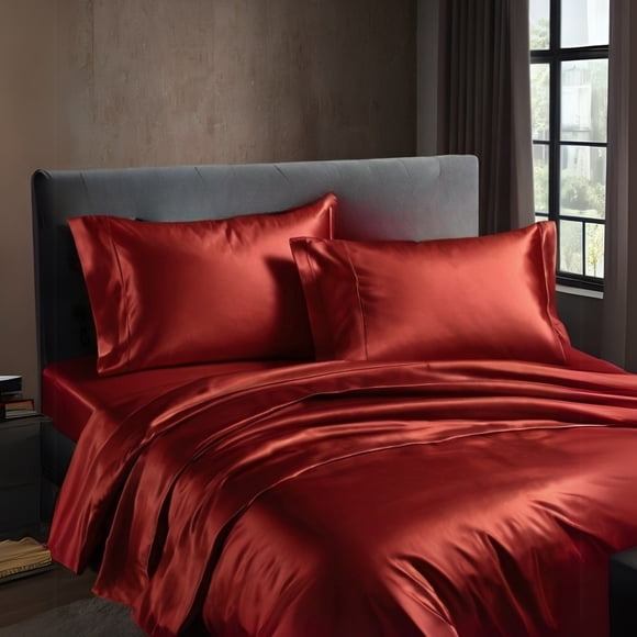 FULL Bed Sheet Set (Flat x1 + Fitted x1 + PC X2) in Elegant colors RED & RED Fabric Luxury Satin 4pc/ Set Clearance Price $25/ set (Sold as pack of 2 Sets - Mix n Match)
