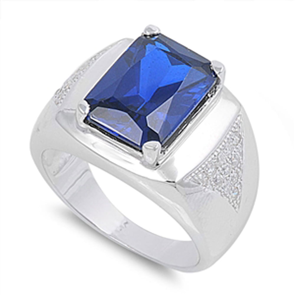Mens Blue Stainless Steel Ring Oval Simulated Sapphire & CZ Sizes 8 9 10 12 13 