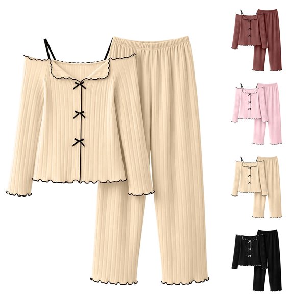 Naittoop Womens Lounge Sets Pj Long-Sleeve Shirt and Full-Length Bottom Pajama Set Soft Ribbed Sleepwear