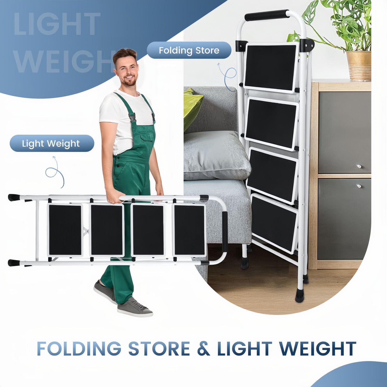 Kelno 4 Step Folding Step Stool 330Lbs Heavy Duty Step Ladder with Anti Slip Pedals Safety Handrail, Black White