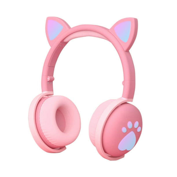 Seitruly Auriculares Bluetooth que brillan intensamente lindo LED oreja de gato pata niñas regalo niños auriculares inalámbricos estéreo HIFI bajo Cables de audio/vídeo Rosado en caja