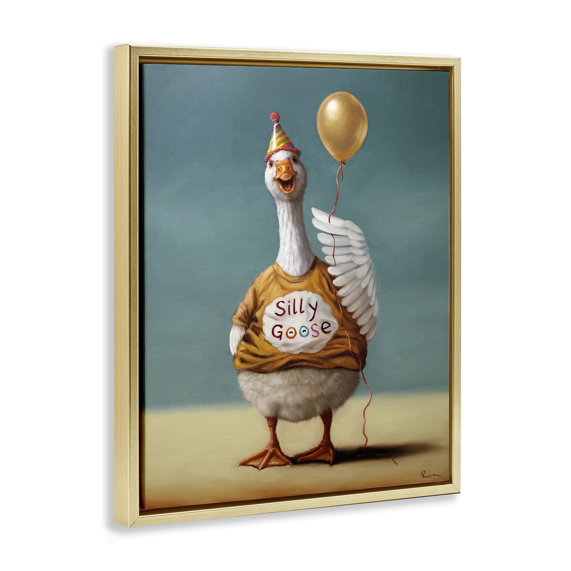 Stupell Industries Silly Goose with Balloon Gold Framed Floater Canvas Wall Art, design by Lucia Heffernan